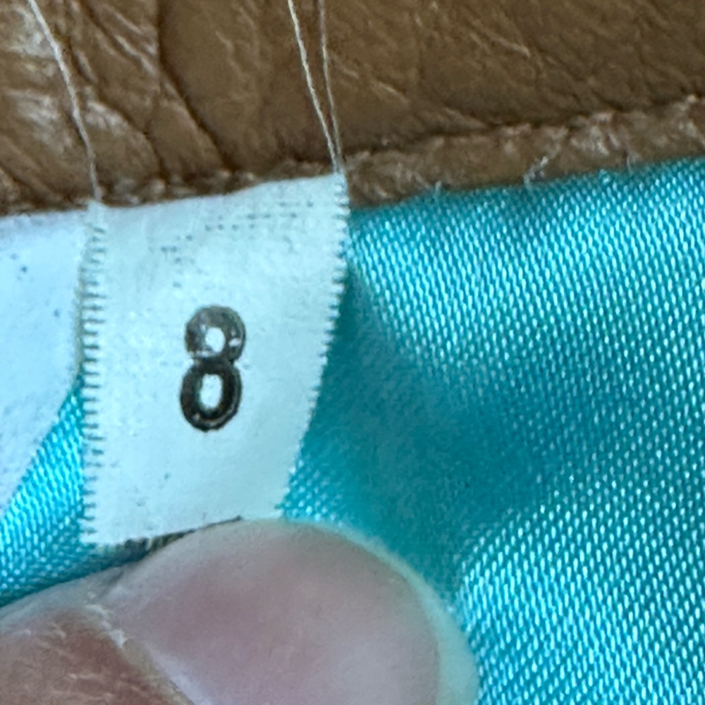Tan Croc-Embossed 100% Leather Mini Skirt Lining Satin Blue Sz 8. Zip In Back - Picture 14 of 14